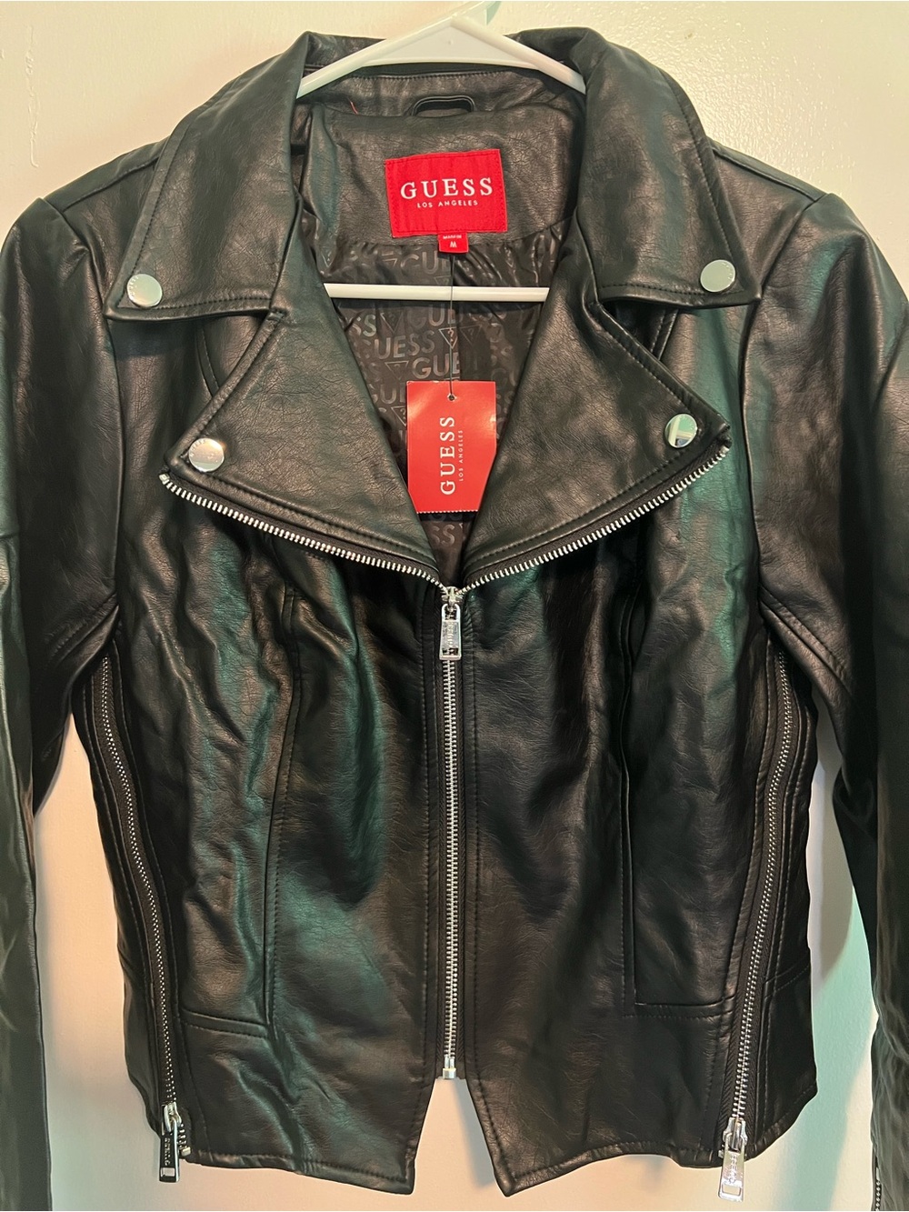 GUESS Black Faux Leather Biker Jacket with Silver Hardware